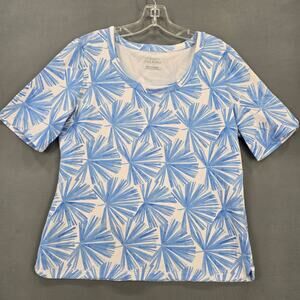 Talbots Blue White Floral Shirt Stretch Tee Classic Short Sleeves Scoop Womens L